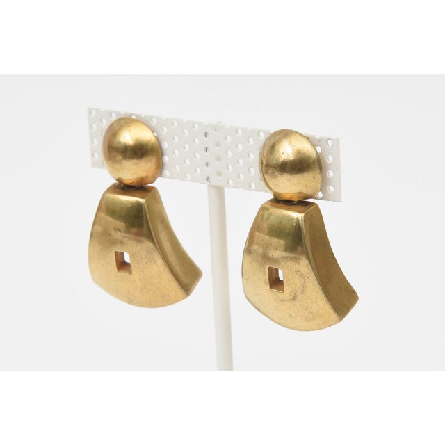 Vintage Steven Vaubel Gold Plated Sculptural Pierced Dangle Earrings, 1980's For Sale - Image 4 of 10
