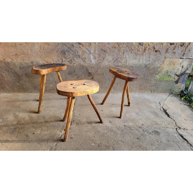 Wood Brutalist Style Oak Stools, 1950s, Set of 3 For Sale - Image 7 of 8
