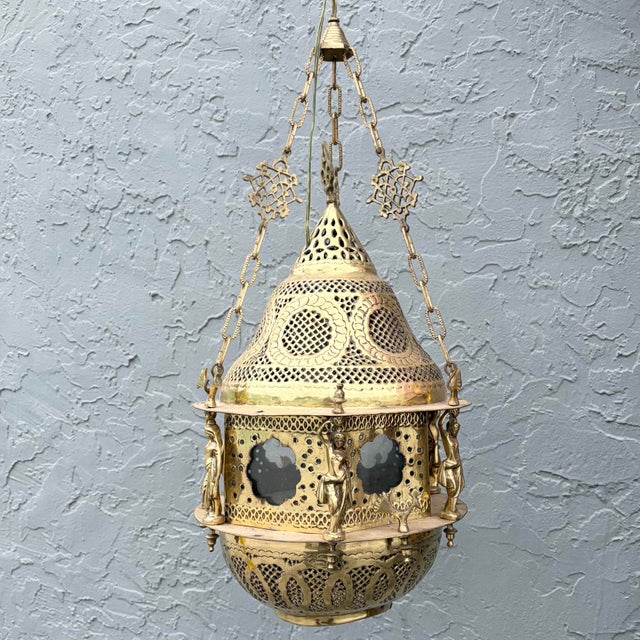Each of the three chains measure 13.5” long Chain to fixture is 38” This vintage Moroccan and Middle Eastern style pendant...