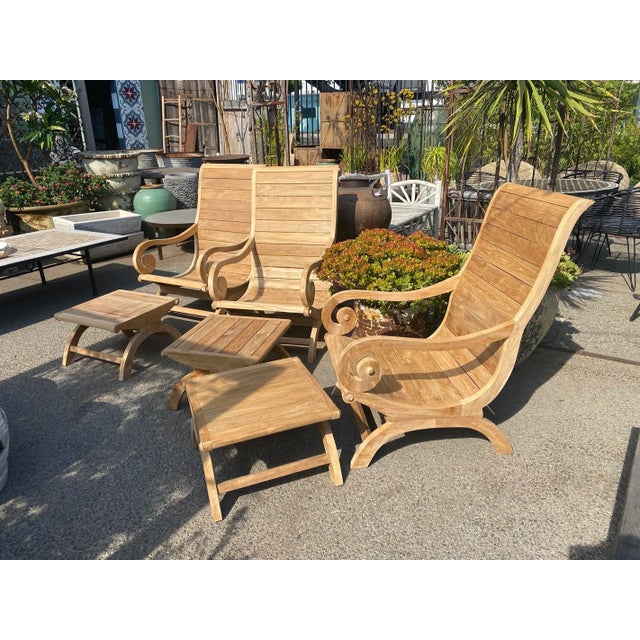 Outdoor Coastal Transitional Teak Scroll Arm Chair & Ottoman For Sale In Los Angeles - Image 6 of 6