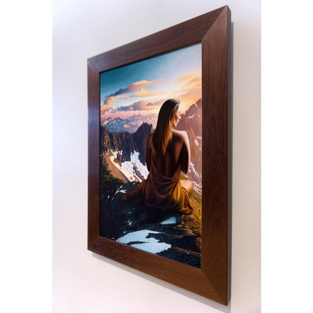 Contemporary One Hundred Years by Austin Howlett | Oil on Artefex panel Woman sitting on a mountain overlooking a landscape. For Sale - Image 3 of 4