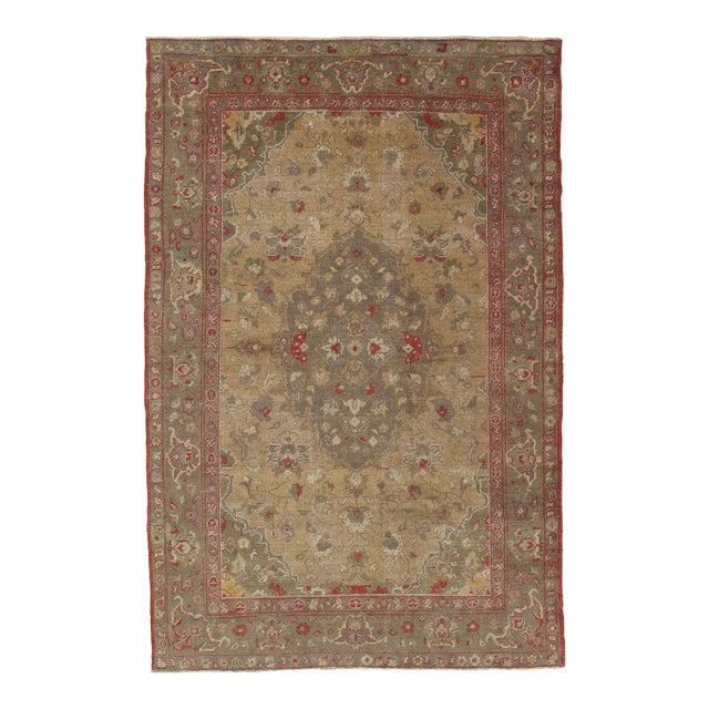 Vintage Oushak Carpet, Handmade Oriental Rug, Pale Caramel, Coral Taupe, Gray For Sale