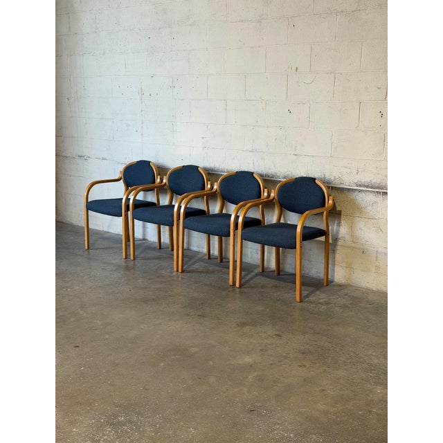 Mid-Century Modern Set of 4 Vintage Danish Beechwood Armchairs – Mid-Century Modern Dining Chairs With New Blue Upholstery For Sale - Image 3 of 11
