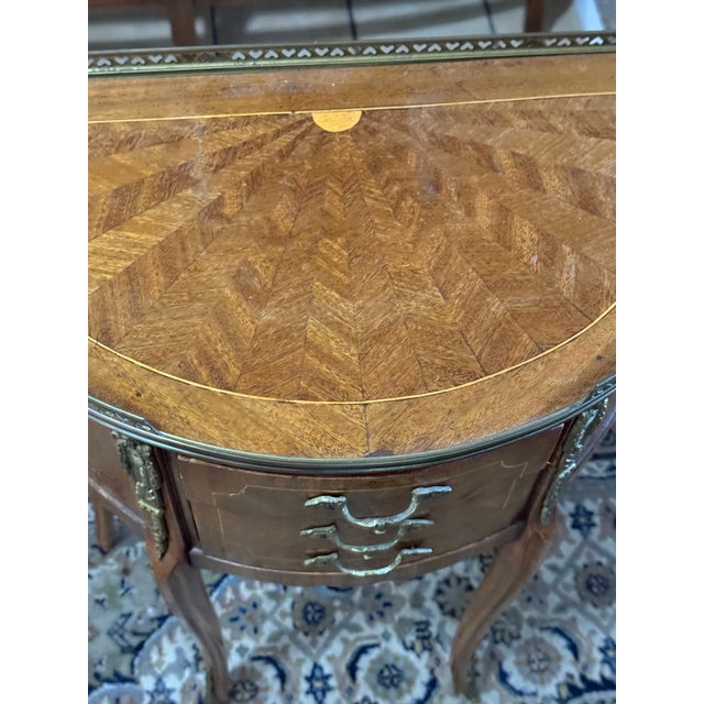 Pair of Vintage Louis XV Style Demilune Nightstands French Inlaid 3 Drawer Tables For Sale In New York - Image 6 of 17