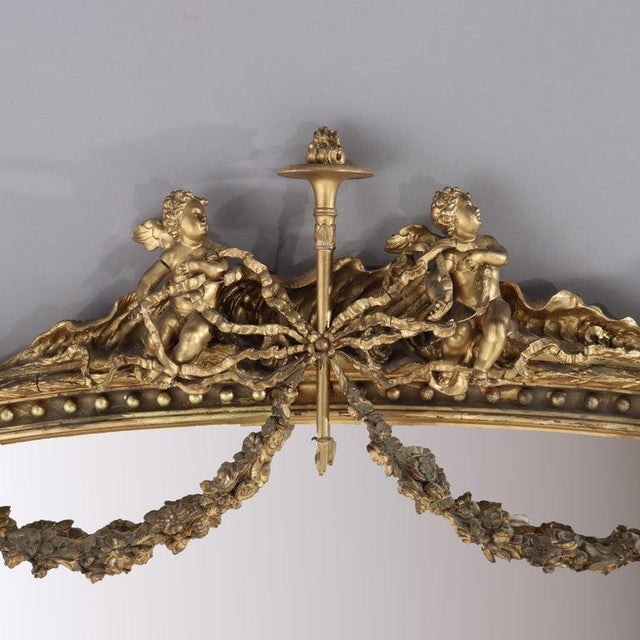 Oversized Antique Boston Classical Gilt Wood Over Mantle Mirror With Cherubs C1860. Measures - 42 1/4" x 70 1/2" x 4"....
