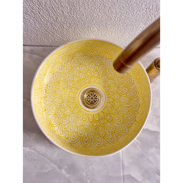 Moroccan Yellow Ceramic Round Sink for Bathroom, Vessel Sink with Brass Drain For Sale - Image 6 of 8