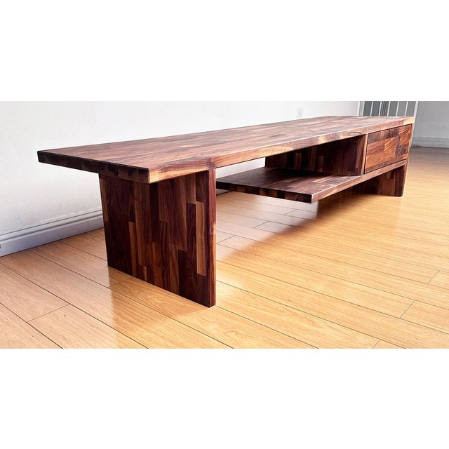 Hand-Made Modern Low Walnut Media Console Table or Tv Table For Sale - Image 4 of 9