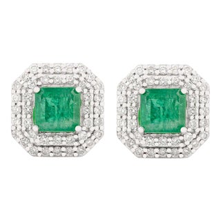 14k Gold Statement Emerald & Diamond Halo Earrings Wedding Gift- A Pair For Sale