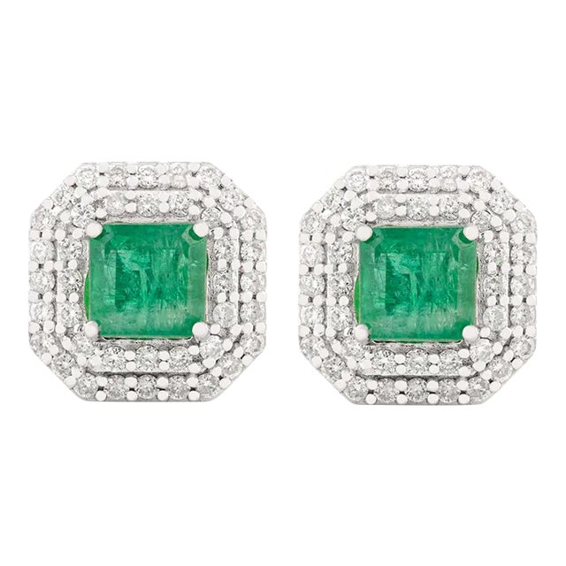 14k Gold Statement Emerald & Diamond Halo Earrings Wedding Gift- A Pair For Sale