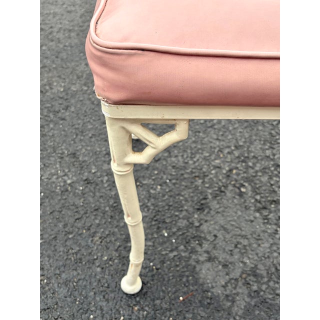 A beautiful set of mcm cast aluminum chairs. Super design and faux bamboo detail. Original paint finish and hot pink vinyl...