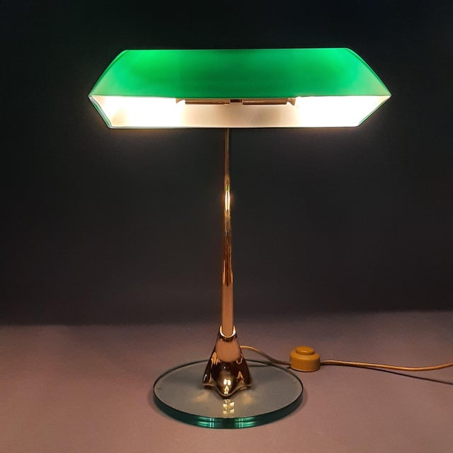 Metal Banker Table Lamp in Polished Brass with Satin Green Glass Shade, 1970s For Sale - Image 7 of 16