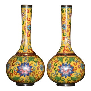 Vintage Pair of Cloisonne Enamel Vases - Yellow Floral Motif - 22.5cm For Sale