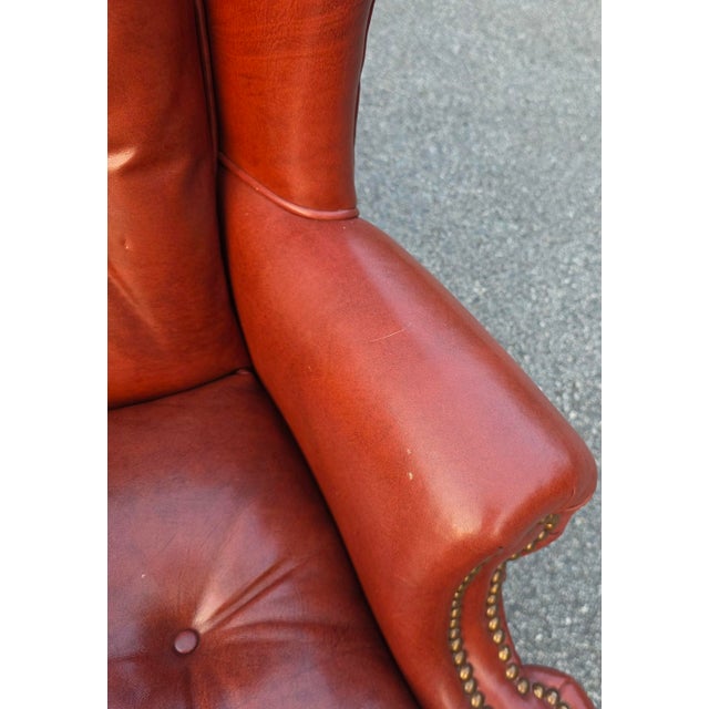 Pair of Classic Leather Furniture Tufted Oxblood Leather Wingback Library Lounge Chairs With Brass Nailhead Trim, Circa 1980s For Sale - Image 13 of 14