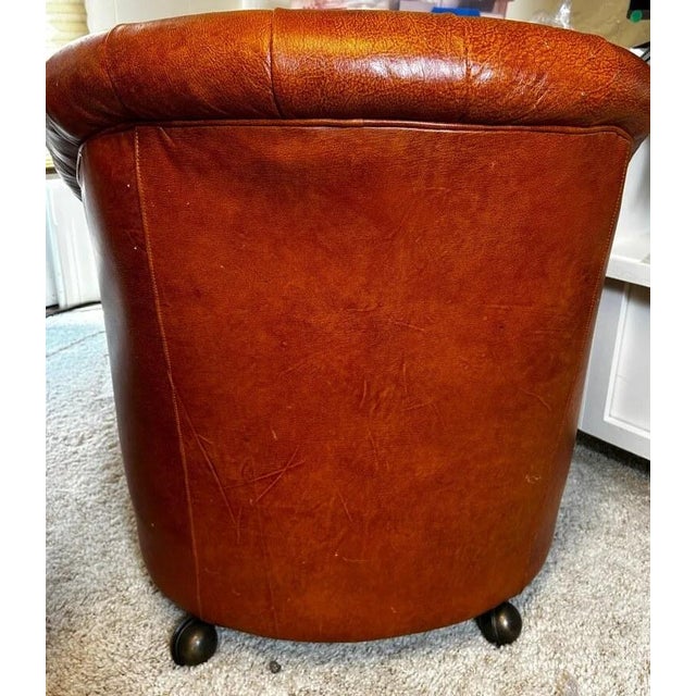Vintage 1980s Pair of Cognac Tufted Barrel Club Chairs by Classic Leather Inc., Hickory Nc – Top Grain Leather on Brass Shepherd Casters For Sale - Image 9 of 17