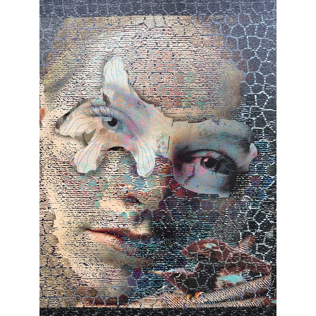 1970s 1970s Signed Linda Sturm Mixed Media Portrait – Surreal Female Face With Butterfly & Bird, Contemporary Framed Wall Art For Sale - Image 5 of 6