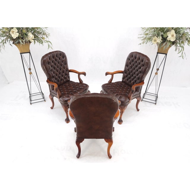 Brown Leather Chesterfield Backs & Seat Carved Walnut Armchairs Fireside Chairs For Sale - Image 6 of 13