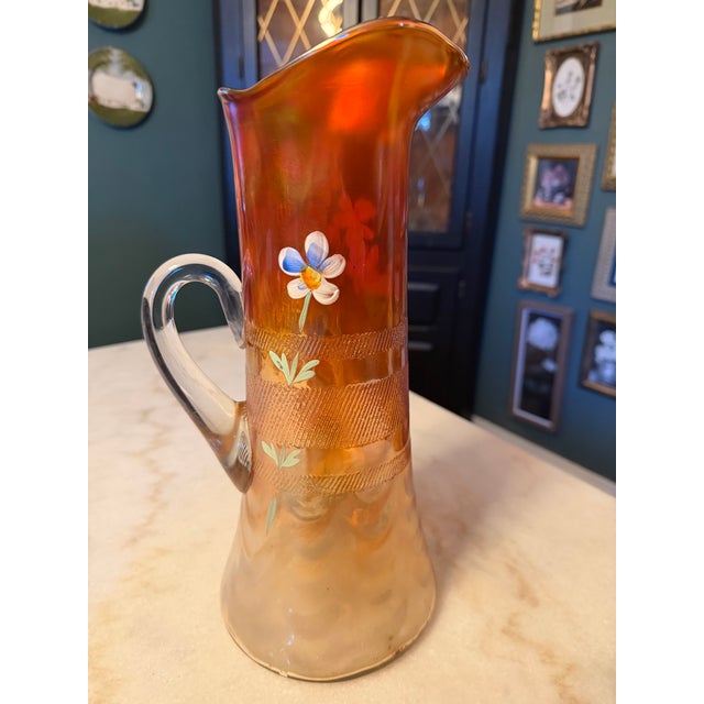 Glass Antique Fenton Carnival Glass Pitcher "Forget-Me-Not" Iridescent Glass Ca. 1912 For Sale - Image 7 of 12
