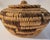 20th C hand woven and dyed Lidded Basket with Geometric Pattern. Great Condition.
