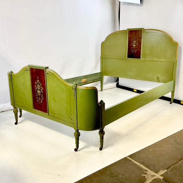 French 1920s Antique French Louis XV Neoclassical Olive Green Full Bedframe For Sale - Image 3 of 13