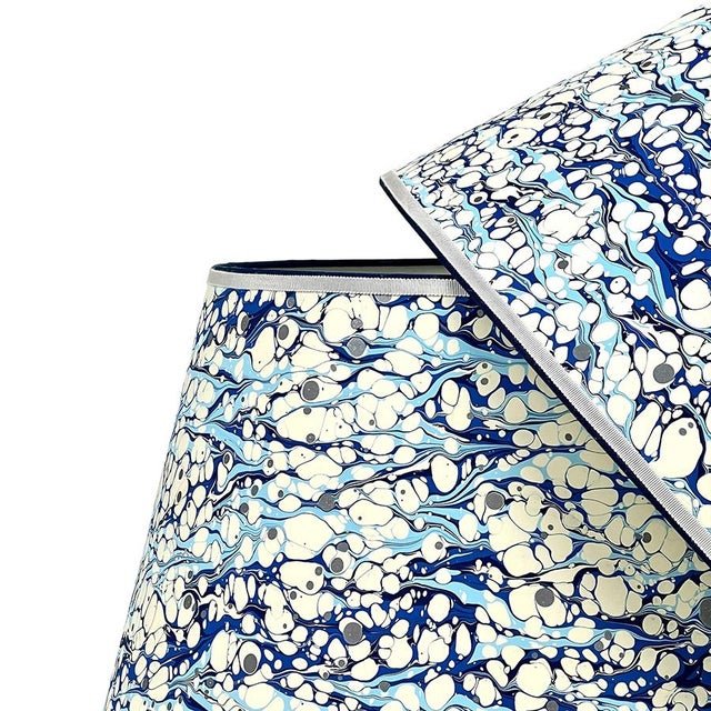 Contemporary Marbled Paper Lampshade in Blue Lace Pattern - 9” x 16” x 11” For Sale - Image 3 of 4