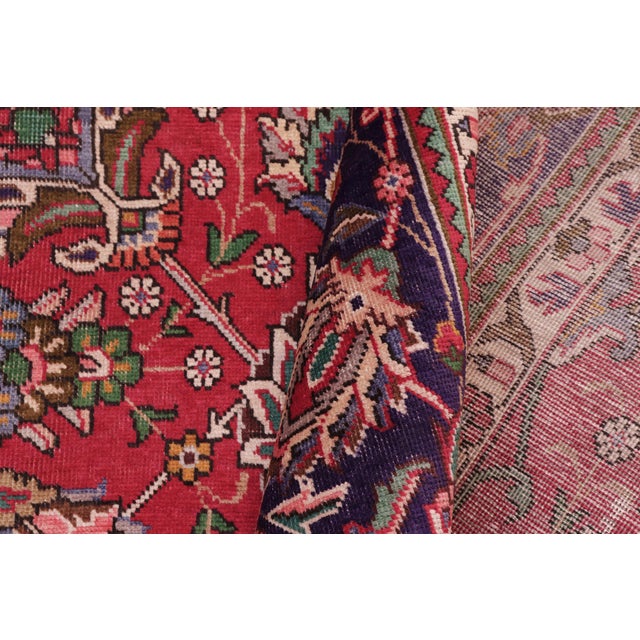 Red Shabby Chic Persian Tabriz Red/Blue Wool Rug - 9'8'' X 15'0'' For Sale - Image 8 of 10