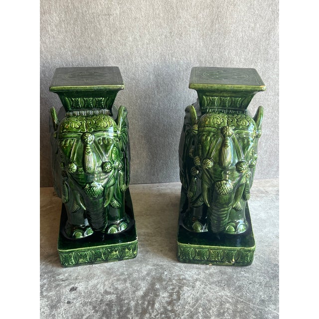 Late 20th Century Large Pair of Palm Beach Regency Style Green Glazed Ceramic Elephant Stands or Stools For Sale - Image 10 of 13