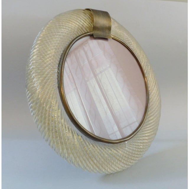 Vintage round photo frame in hand blown Murano "Torciglione" clear glass border infused with gold flecks / Made in Italy...