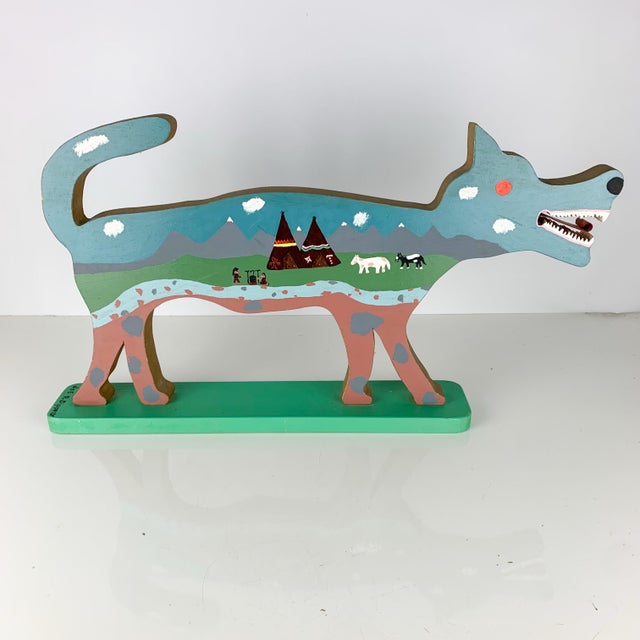 Vintage Folk Art Carved Painted Wood Wolf Outter Space Native American Outsider For Sale In Baltimore - Image 6 of 11