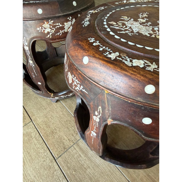 Wood Pair Vintage Hardwood Drum Stools Mother of Pearl Inlay Chinese Chinoiserie For Sale - Image 7 of 8