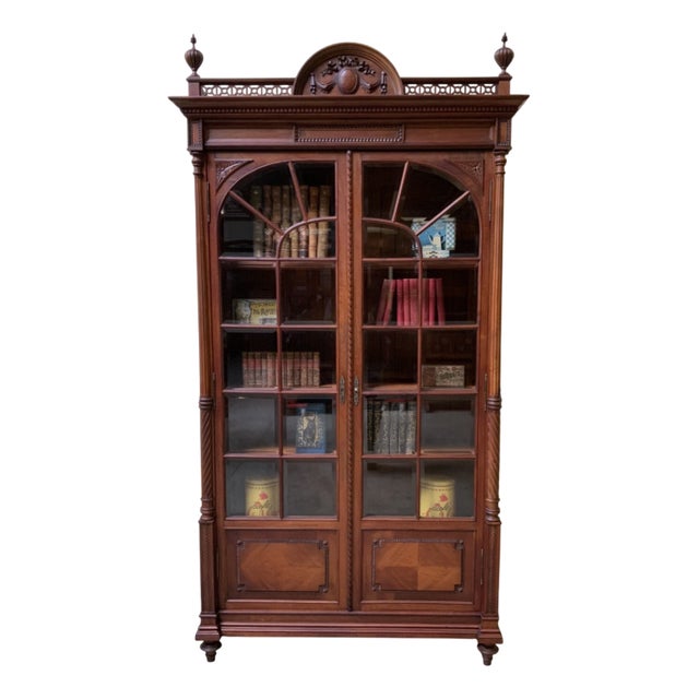Antique Art Nouveau Walnut Display Column Bookcase, 1910s For Sale