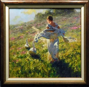 Robert Hagan "With Friends" Original Oil Painting on Canvas of Ducks and Woman in Field