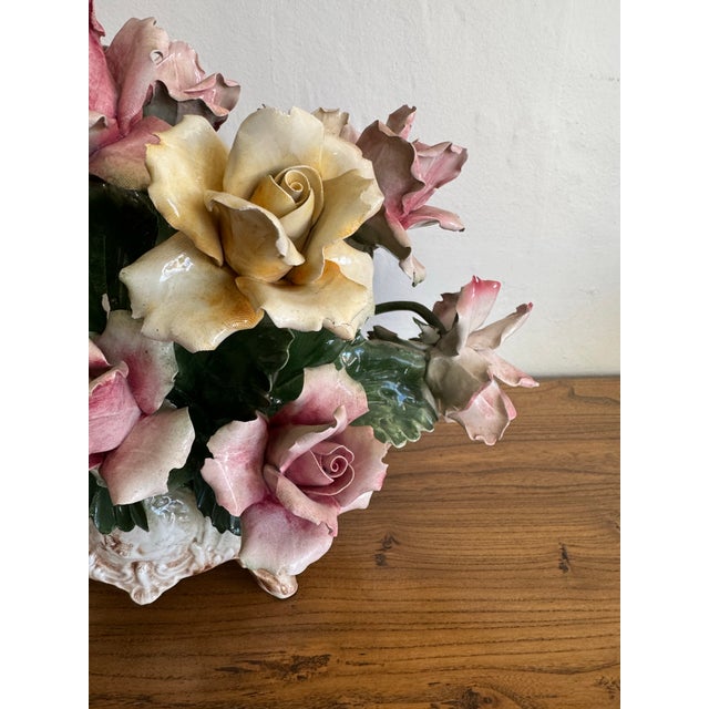 Rococo 1960's Capodimonte Italian Porcelain Rose Flower Basket Centerpiece, Footed Rococo Floral Bouquet Sculpture For Sale - Image 3 of 11