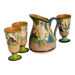 Vintage Tlaquepaque Made in Mexico Picture and Three Tall Glasses Set For Sale