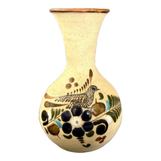 Vintage Tonala Mexico Vase – Hand-Painted Blue & Brown Floral Bird Design – Signed Rs Mexico – Folk Art Pottery For Sale