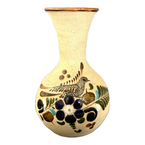 Vintage Tonala Mexico Vase – Hand-Painted Blue & Brown Floral Bird Design – Signed Rs Mexico – Folk Art Pottery