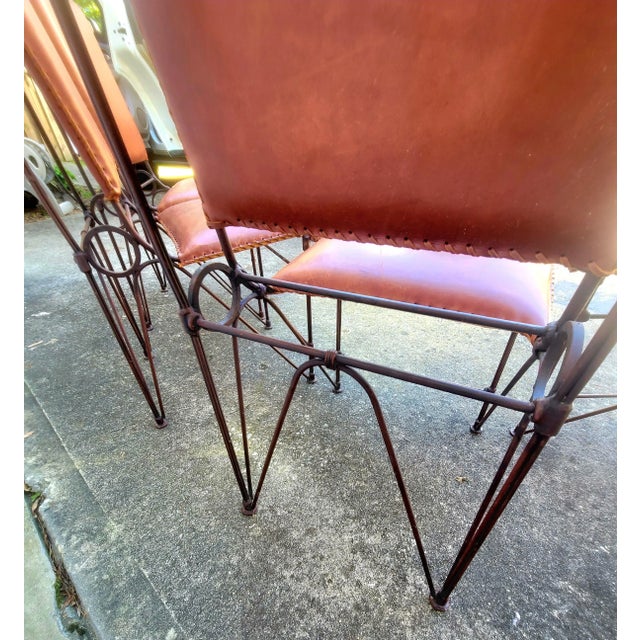 Late 20th Century Llana Goor Style Brutalist Hand-Tooled Iron and Leather Chairs - Set of 4 For Sale - Image 9 of 9