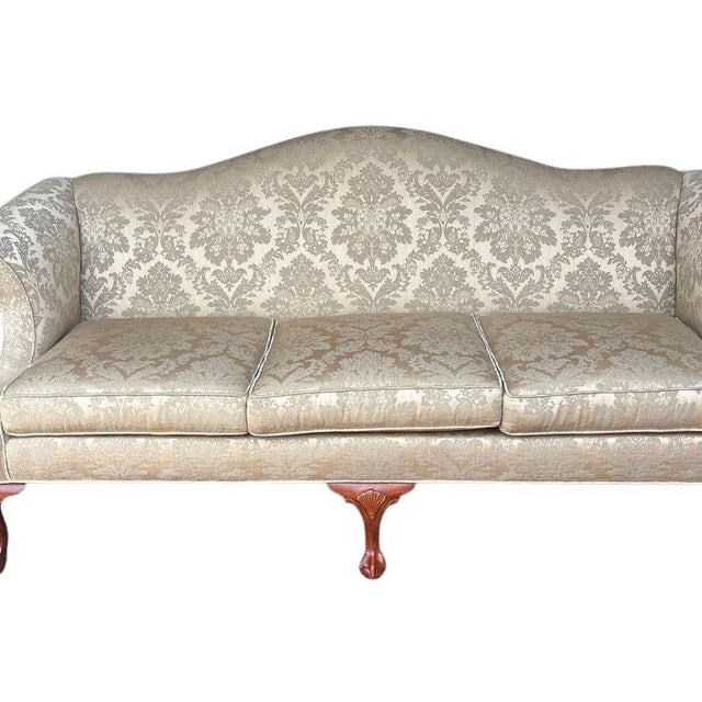 1990s 1990s Ethan Allen Chippendale Camelback Sofa in Silver-Champagne Silk Damask For Sale - Image 5 of 18