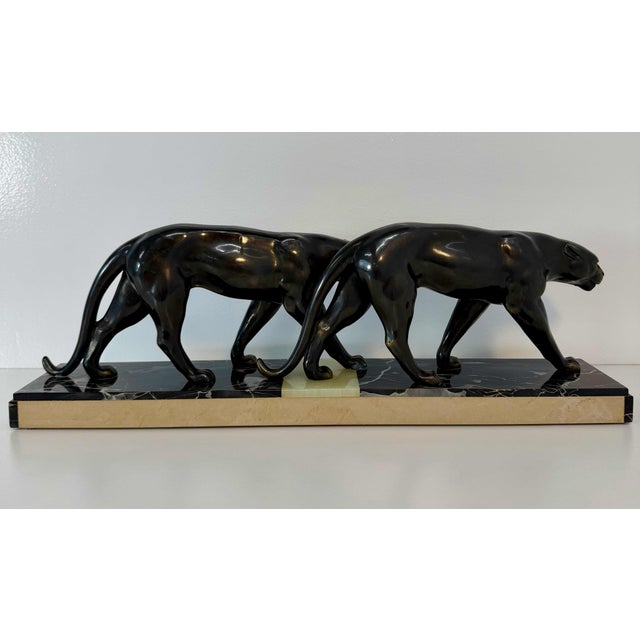 Metal Maurice Font, French Art Deco Sculpture of Panthers, 1930s, Metal on Marble Base For Sale - Image 7 of 12