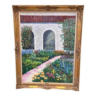 1980s Francis Downs Large Original Garden Painting in Ornate Gilt Frame, 57” For Sale