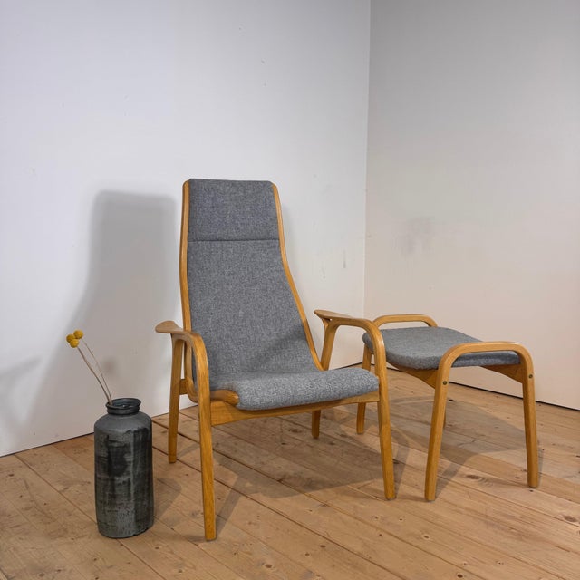 Wood Set of Light Grey Lamino Armchair & Footstool by Yngve Ekström for Swedese, 1960s For Sale - Image 7 of 7