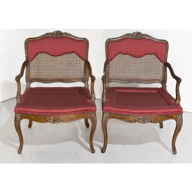 Red Vintage French Bergere Carved Wood Cane Red Occasional Chairs - a Pair For Sale - Image 8 of 12
