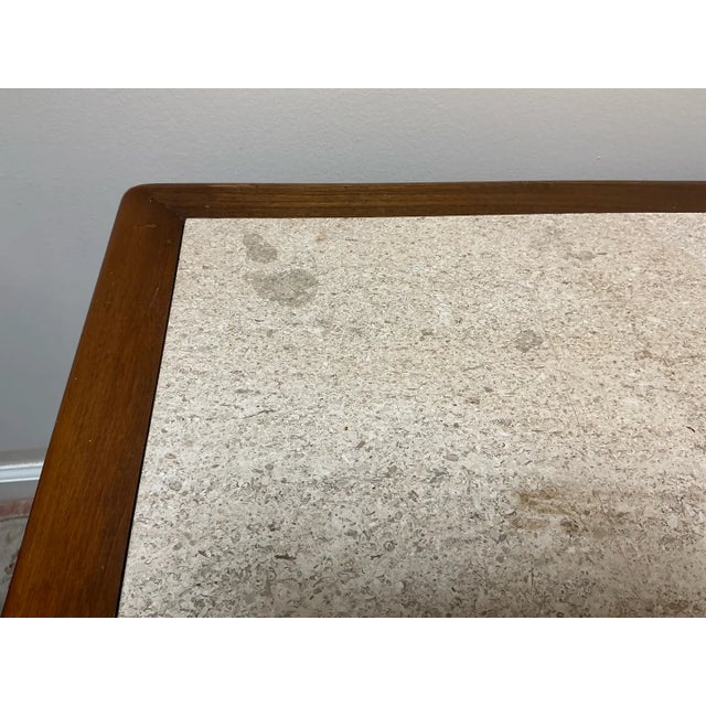 Brass Vintage Lane Perception Mid-Century Modern End Table With Basketweave Drawer and Travertine Top For Sale - Image 8 of 9