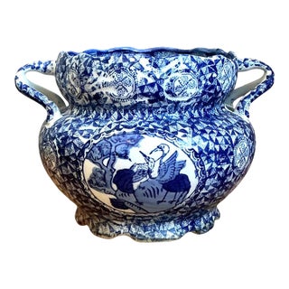Vintage Blue and White Ceramic Jardiniere For Sale