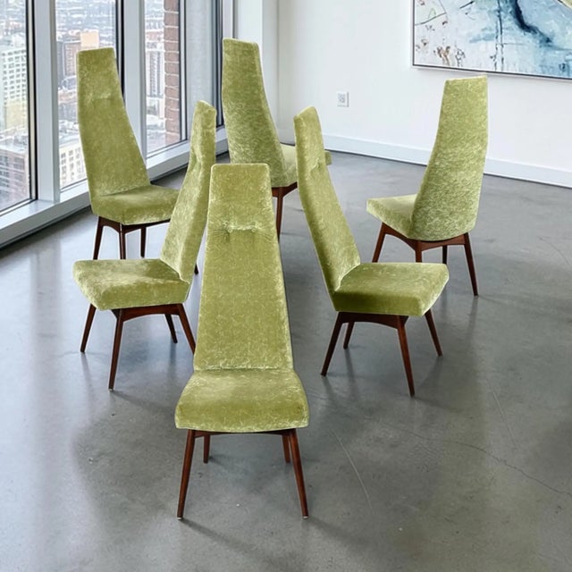 Stunning, tall, highback Adrian Pearsall model 2051-C Dining Chairs in crushed green velvet. The tufted, tapered high back...
