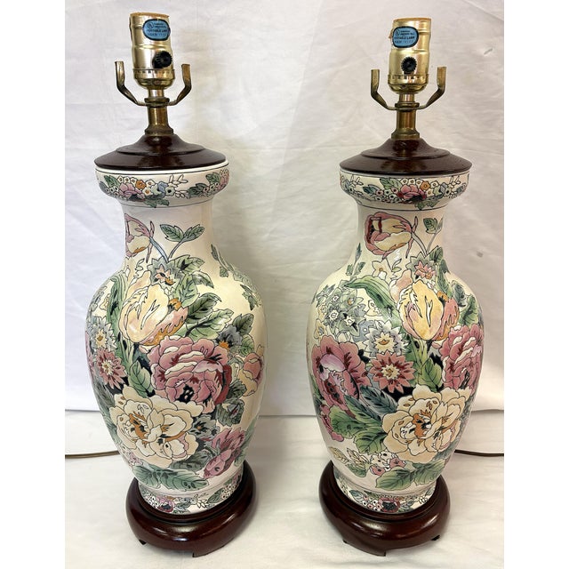 Shabby Chic Vintage Ceramic Vase Lamps With Elegant Floral Design on Wood Plinths- A Pair For Sale - Image 3 of 15