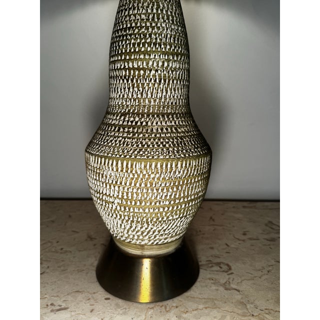 Bitossi Mid 20th Century Large Handmade Bitossi-Style Green Ceramic Lamp With Etching & Brass Base For Sale - Image 4 of 12
