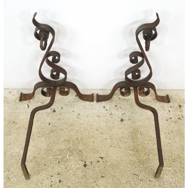 Pair of Arts & Crafts Antique Wrought Iron Andirons For Sale - Image 9 of 9