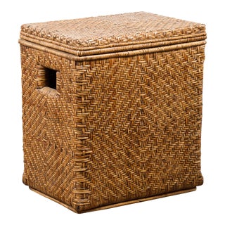 Vintage Burmese Hand-Woven Rattan over Wood Basket Hamper with Pierced Handles For Sale