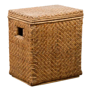 Vintage Burmese Hand-Woven Rattan over Wood Basket Hamper with Pierced Handles