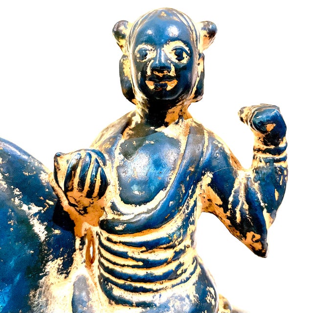 1950's Chinoiserie Stoneware Turquoise Teal Tang Warriors on Horses - Pair For Sale - Image 4 of 12